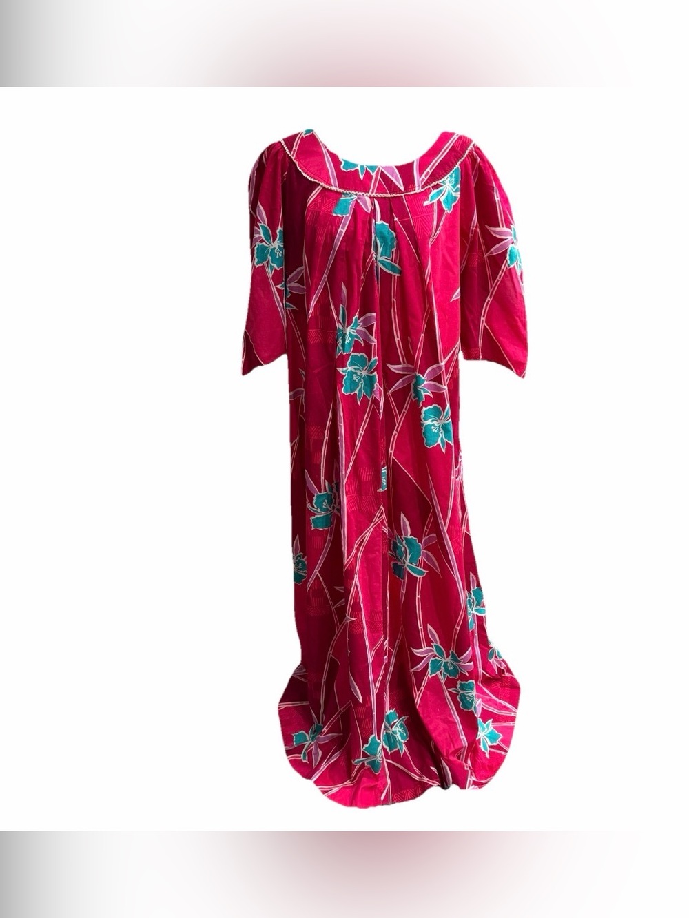 Hilo Hattie Red Floral Kaftan‎ Maxi Dress 42” Bust Hawaiian MuuMuu Scoop Neck